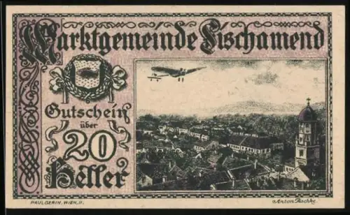 Notgeld Fischamend 1920, 20 Heller, Ortsansicht mit Flugzeug und florales Dekor mit Doppeldecker