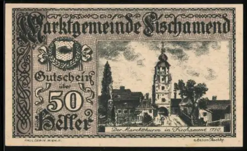 Notgeld Fischamend 1920, 50 Heller, Marcktturm in Fischamend 1750 und Doppeldecker