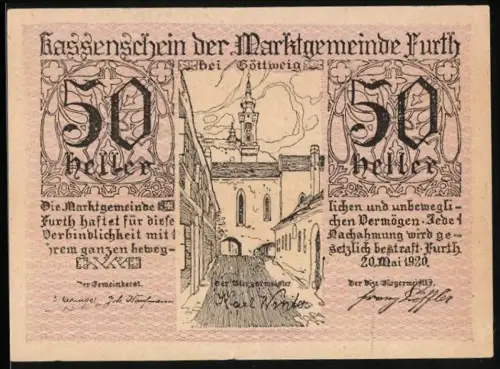 Notgeld Furth bei Göttweig 1920, 50 Heller, Ortsansicht mit Kirchturm