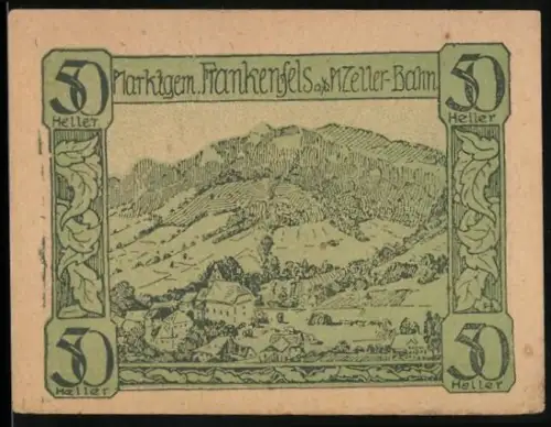 Notgeld Frankenfels a.d. Mariazeller-Bahn 1920, 50 Heller, Landschaft mit Berg und Ortsansicht