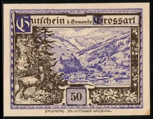 Notgeld Grossarl 1920, 50 Heller, Landschaftspanorama, Kriegerdenkmal, Geburtshaus Fürsterzbischof Rieder