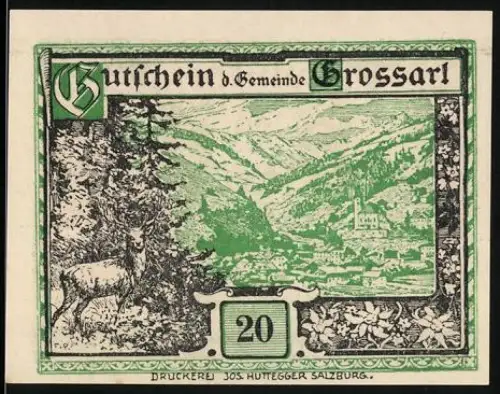 Notgeld Grossarl 1920, 20 Heller, Hirsch und Berglandschaft, Kriegerdenkmal und Geburtshaus von Fürsterzbischof Rieder