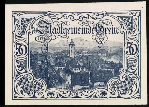 Notgeld Grein 1920, 50 Heller, Ortsansicht mit Kirche und Bergen im Hintergrund, Wappen von Grein