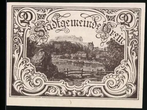 Notgeld Grein 1920, 20 Heller, Ortsansicht mit Burg und Fluss, Wappen von Grein