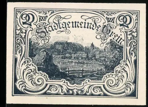 Notgeld Grein 1920, 20 Heller, Ortsansicht mit Fluss und Verzierung, Wappen von Grein