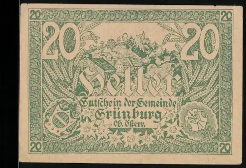 Notgeld Grünburg /Ob. Österr. 1920, 20 Heller, Landschaftsansicht mit Dekor und Wappen
