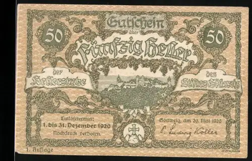 Notgeld Göttweig 1920, 50 Heller, Ansicht von Stift Göttweig und reich verzierte Bordüre