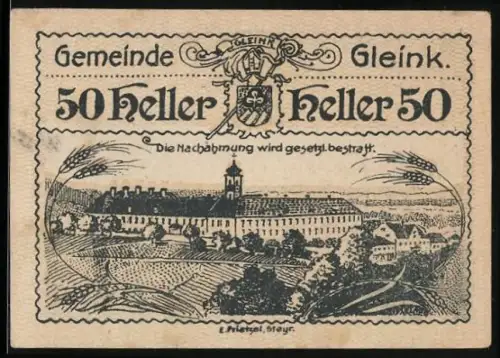 Notgeld Gleink 1920, 50 Heller, Klosteransicht und Getreideornamentik