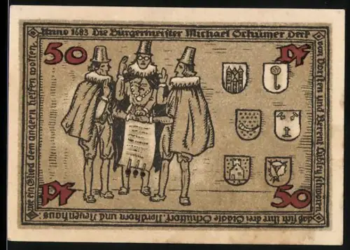 Notgeld Schüttorf 1921, 50 Pf, historische Szene mit Wappen und Gebäudeillustration