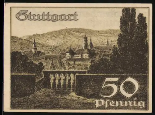 Notgeld Stuttgart 1921, 50 Pfennig, Stadtansicht und springendes Pferd