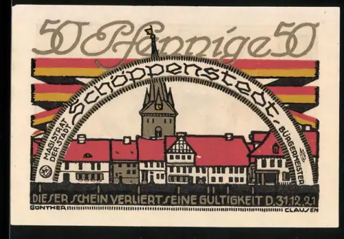 Notgeld Schöppenstedt 1921, 50 Pfennig, Ortsansicht und historische Szene