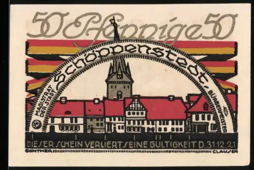 Notgeld Schöppenstedt 1921, 50 Pfennig, Ortsansicht und Inschrift am alten Spritzenhaus