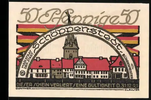Notgeld Schöppenstedt 1921, 50 Pfennig, Ortsansicht mit Kirchturm und Fachwerkhäusern