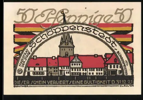 Notgeld Schöppenstedt 1921, 50 Pfennig, Ortsansicht und historische Szene