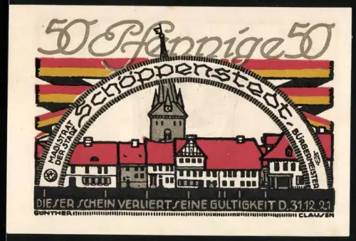 Notgeld Schöppenstedt 1921, 50 Pfennig, Ortsansicht und Wappen mit Löwe