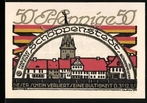 Notgeld Schöppenstedt 1921, 50 Pfennig, Ortsansicht mit Turm und Häusern, gotische Schrift