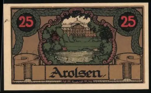 Notgeld Arolsen 1921, 25 Pfennig, Schloss und Teichlandschaft mit Wappen und Sternsymbolik