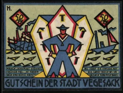 Notgeld Vegesack 1921, 50 Pfennig, Matrose und maritime Symbole mit Zahnrad und Anker