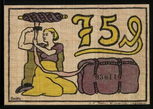 Notgeld Blumenthal /H. 1921, 75 Pfennig, Frau beim Spinnen und Arbeiter vor Kranen