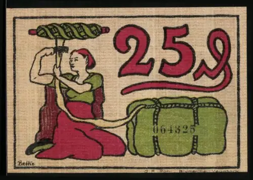 Notgeld Blumenthal i. H. 1921, 25 Pfennig, Frau mit Garnrolle und Arbeiter mit Fabrikhintergrund