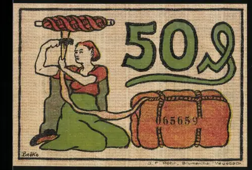 Notgeld Blumenthal i. H. 1921, 50 Pfennig, Frau mit Spinnrad und Arbeiter mit Schaufel vor Kran