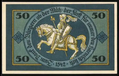 Notgeld Torgau 1921, 50 Pfennig, Ritter auf Pferd und Stadtszene mit Kirche