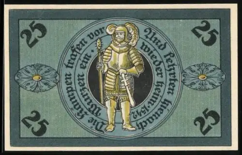 Notgeld Torgau 1921, 25 Pfennig, Ritter und Kirche Torgau