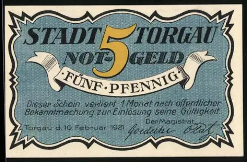 Notgeld Torgau 1921, 5 Pfennig, Kurfürst mit Rüstung und Banner