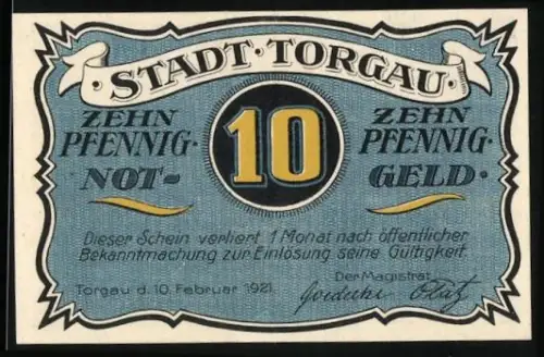 Notgeld Torgau 1921, 10 Pfennig, Ritter mit Lanze und Datum 1542, blaues Design