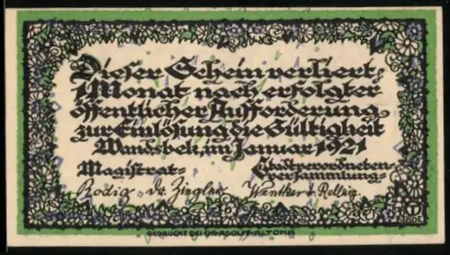 Notgeld Wandsbek 1921, 50 Pfennig, Ortsansicht und Wappen mit Blumenmuster