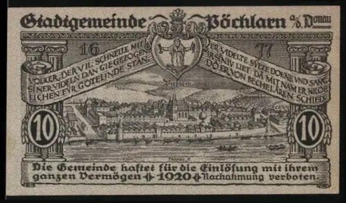 Notgeld Pöchlarn a. d. Donau 1920, 10 Heller, Ortsansicht und historisches Gebäude