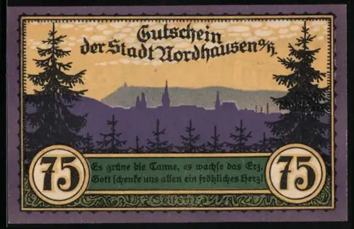 Notgeld Nordhausen a.H. 1921, 75 Pfennig, Wilder Mann und Landschaft mit Tannen