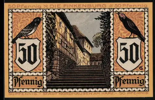 Notgeld Nordhausen a.H. 1921, 50 Pfennig, Finkenburg und Rolandfigur