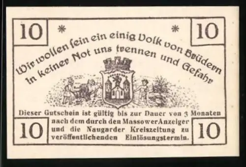 Notgeld Massow i. Pommern 1920, 10 Pfennig, Wappen und Brüderlichkeitsspruch