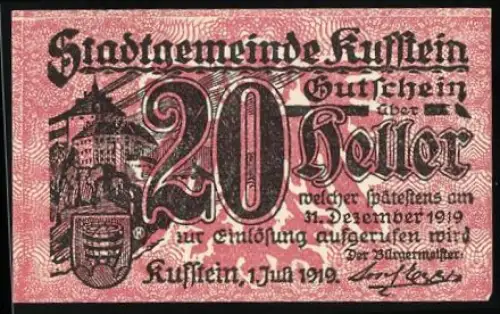 Notgeld Kufstein 1919, 20 Heller, Festung und Wappen