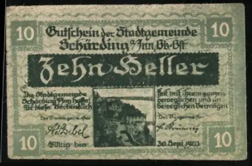 Notgeld Schärding a. Inn 1920, 10 Heller, Landschaftsmotiv und Wappen mit Schachbrettmuster