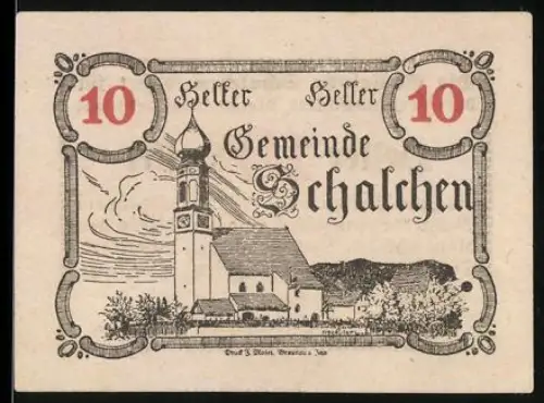 Notgeld Schalchen 1920, 10 Heller, Kirche vor Berglandschaft