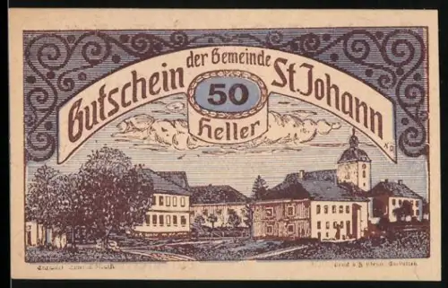 Notgeld St. Johann in Engstetten 1920, 50 Heller, Gebäude und Bäume im Ortsbild