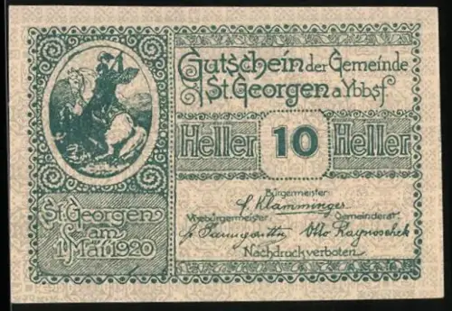 Notgeld St. Georgen /Ybbsf. 1920, 10 Heller, Reiter und landwirtschaftliche Motive