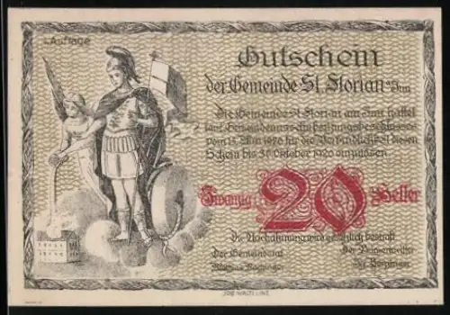 Notgeld St. Florian a. Inn 1920, 20 Heller, Krieger mit Flagge und Landschaft mit Dampfschiff und Kirche