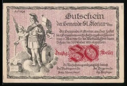 Notgeld St. Florian a. Inn 1920, 30 Heller, St. Florian mit Fahne und Ortsansicht mit Dampfschiff