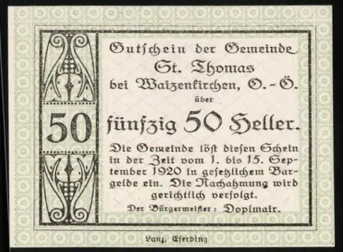 Notgeld St. Thomas bei Waizenkirchen 1920, 50 Heller, florales Motiv