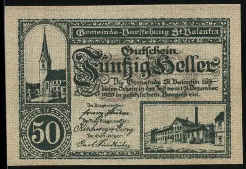 Notgeld St. Valentin /Nied.-Oest. 1920, 50 Heller, Kirche und Fabrik, Gebäudeansicht