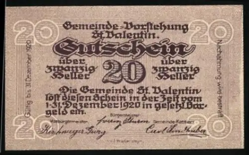 Notgeld St. Valentin 1920, 20 Heller, Gebäudeabbildung