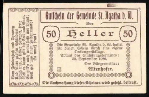 Notgeld St. Agatha b. W. 1920, 50 Heller, Abbildung des Stadinger-Hofs mit dekorativen Elementen