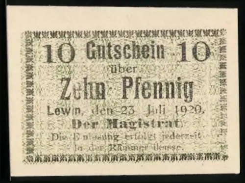Notgeld Lewin 1920, 10 Pfennig, Gutschein mit Stempelabdruck