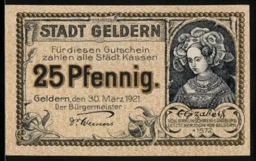 Notgeld Geldern 1921, 25 Pfennig, Herzogin Elisabeth und Löwe mit Stadtwappen