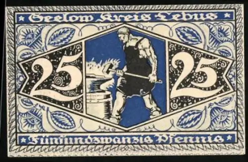 Notgeld Seelow /Lebus 1920, 25 Pfennig, Schmied mit Hammer und Amboss, Reichsadler-Wappen