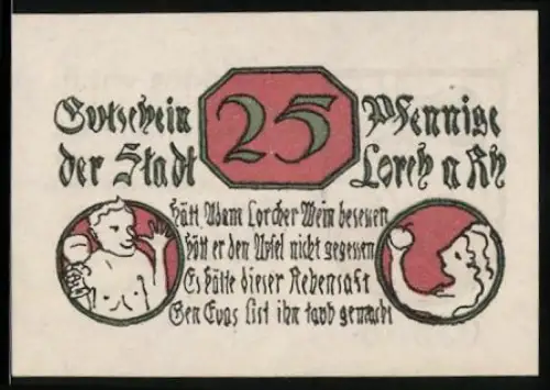 Notgeld Lorch a. Rh. 1920, 25 Pfennig, Weintrinkender Mann und Reiter mit Wappen