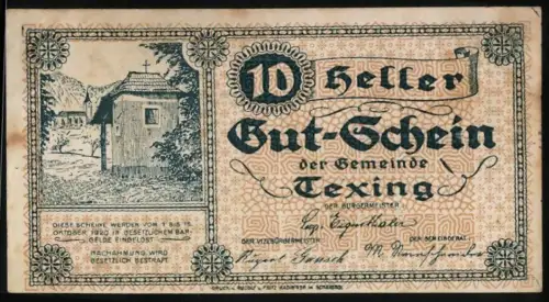 Notgeld Texing 1920, 10 Heller, Landschaft mit Haus und Kirche